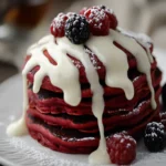 Red Velvet Pancakes with Cream Cheese Drizzle First Image First Image