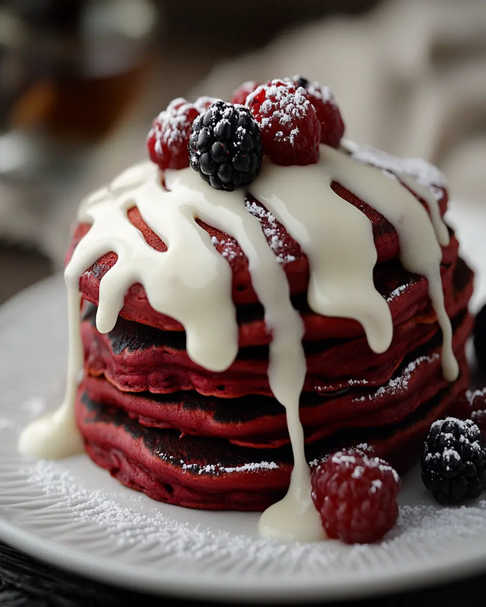 Red Velvet Pancakes with Cream Cheese Drizzle First Image First Image